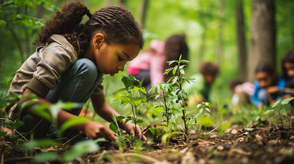 Conservation Classroom:  Children engaged in an outdoor environmental education class, fostering a love for nature and instilling a sense of responsibility for the planet - obrazy, fototapety, plakaty