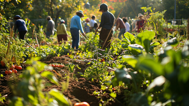 Community Garden Gathering:  A community garden where people come together to grow fresh produce, fostering a sense of local sustainability and environmental stewardship