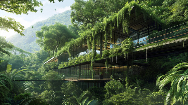 Sustainable Architecture:  A modern eco-friendly building surrounded by lush greenery, demonstrating the harmonious integration of architecture and nature