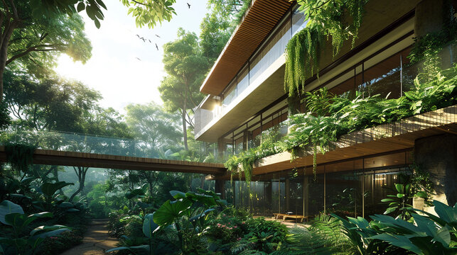 Sustainable Architecture:  A modern eco-friendly building surrounded by lush greenery, demonstrating the harmonious integration of architecture and nature