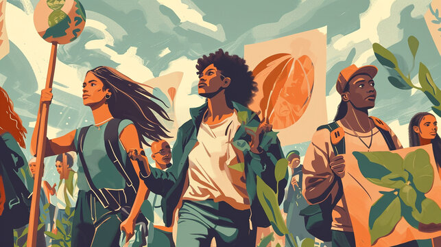 Global Conservation Rally:  Diverse individuals marching with banners and signs in a global environmental protection rally, emphasizing the power of collective action