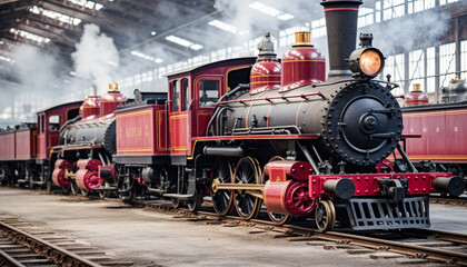 Naklejka premium Steam Train on Railway Track old engine of Transportation and Public Transportation