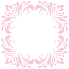Vintage frame, wreath, border of stylized leaves, flowers and curls. Retro, victorian style. Pink lines on white background. Vector background, wallpaper, card