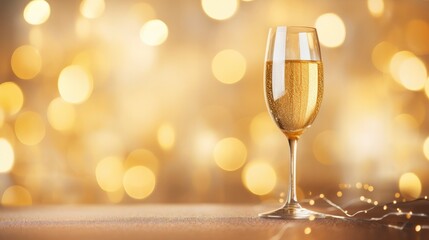 One glass of champagne on the table in a golden light background