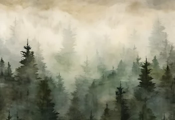 Papier Peint photo Lavable Forêt dans le brouillard vintage watercolor painted image of a forest ai generative