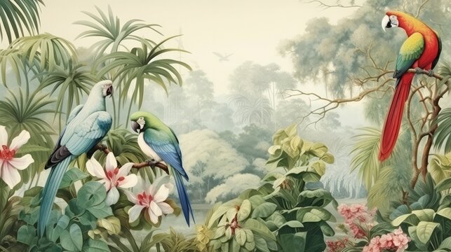 Wallpaper jungle and leaves tropical forest mural parrot birds old drawing vintage background