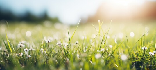 Blissful Spring Landscape. Neatly Trimmed Lawn among Blooming Trees, Blue Sky, and Fluffy Clouds