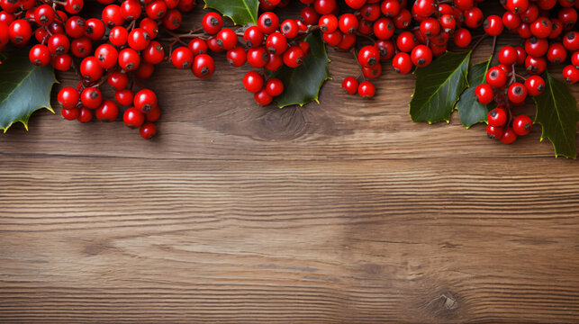 Red berries holly on wooden background