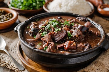 Authentic Portuguese Gastronomy: Feijoada Portuguesa, a Traditional Culinary Masterpiece Featuring a Hearty Stew of Mixed Meats, Including Sausages, Pork, and Black Beans - A Symphony of Flavors.




