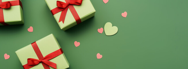 Regalos de San Valentín y corazones de papel sobre fondo verde.