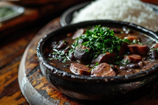 Authentic Portuguese Gastronomy: Feijoada Portuguesa, a Traditional Culinary Masterpiece Featuring a Hearty Stew of Mixed Meats, Including Sausages, Pork, and Black Beans - A Symphony of Flavors.




