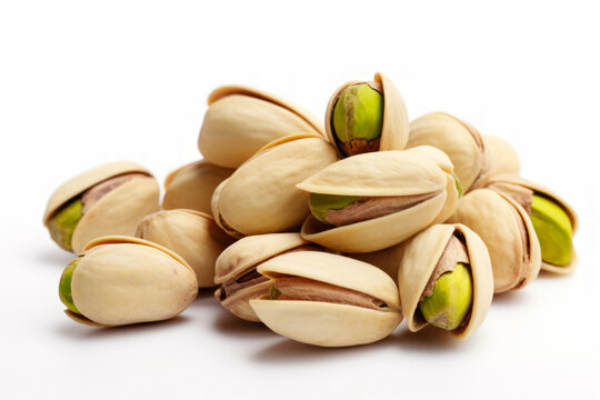 Mont&oacute;n de pistachos naturales con c&aacute;scara en fondo blanco.