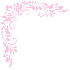 Abstract delicate pattern, decorative element, clip art with stylized leaves, flowers and curls in pink lines on white background. Corner vintage ornament, border, frame