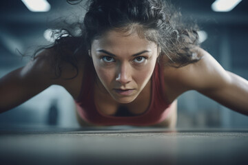 Mujer haciendo flexiones vista de cerca entrenando en el gimnasio.