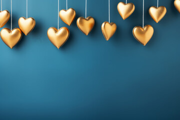 Fondo de San Valentín de color azul con corazones dorados decorativos.