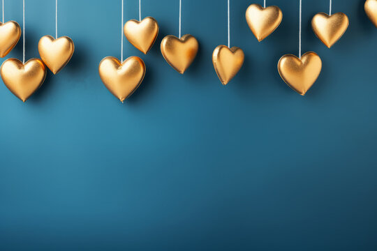 Fondo de San Valent&iacute;n de color azul con corazones dorados decorativos.