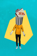 Vertical creative photo collage standing young man rubbish bin instead head internet propaganda...