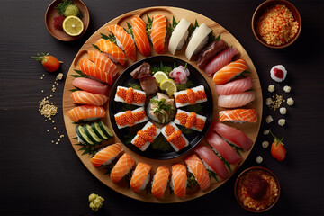 Assorted Sushi on a Wooden Platter, Flat Lay shot, created with Generative AI