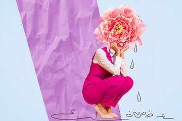 Image picture drawing collage of unhappy girl with flower face crying break up boyfriend on 8 march...
