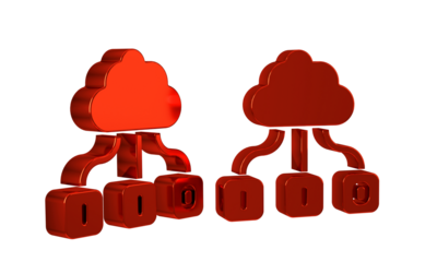 Red Cloud technology data transfer and storage icon isolated on transparent background.