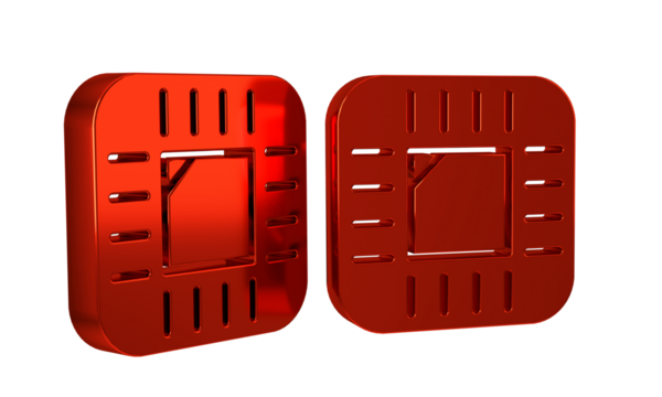 Red Computer processor with microcircuits CPU icon isolated on transparent background. Chip or cpu with circuit board. Micro processor.