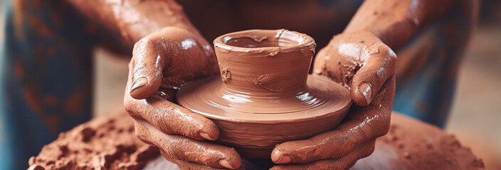 close up view of male potter hands making pot with clay wheel - Powered by Adobe