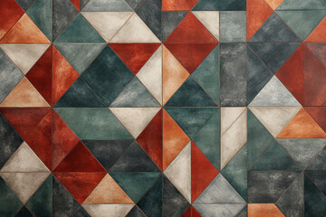 modern geometric wall edging pattern rug, in the style of glazed surfaces, rustic texture, light red and dark emerald, detailed crosshatching, metallic finishes, colorful woodcarvings, texture-rich ca - obrazy, fototapety, plakaty