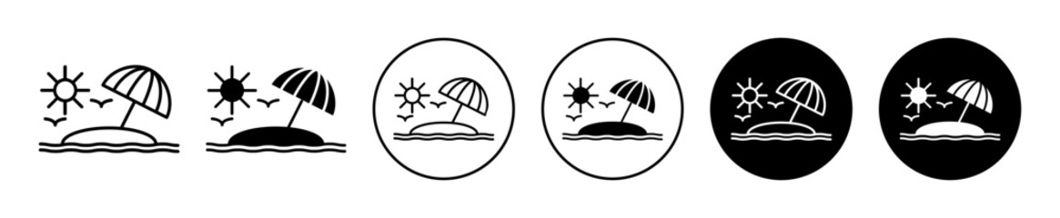 Beach Icon. summer holiday vacation for fun leisure and relaxation activity at sea beach with tropical palm tree and umbrella to get sunlight vector sign. 80s or 90s retro sunset parasol island beach - obrazy, fototapety, plakaty