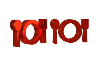 Red Plate, fork and knife icon isolated on transparent background. Cutlery symbol. Restaurant sign.