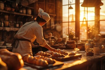 The Art of Baking: In a French Boulangerie, an Artisan Baker Infuses Tradition and Expertise, Filling the Air with Aromas of Freshly Baked Bread, Flaky Croissants, and Irresistible Pastries - obrazy, fototapety, plakaty