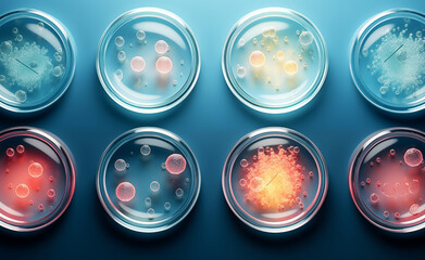 Abstract laboratory petri dishes with bacterial colonies. 