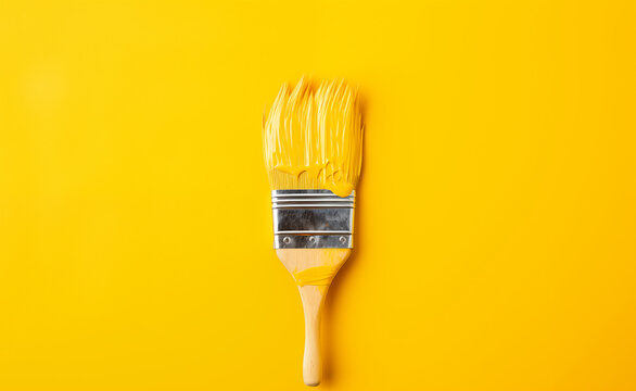 Paintbrush with yellow paint on a yellow background