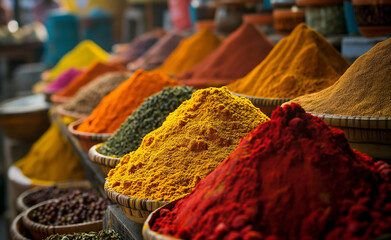 Vibrant spice mounds on an Eastern market