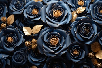 Blue flower roses with golden accents paint.