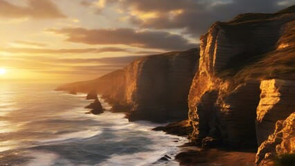 Coastal Cliffs at Sunset, Dramatic cliffs along the coastline with waves crashing below, illuminated by the golden glow of the setting sun, background image, generative AI - obrazy, fototapety, plakaty
