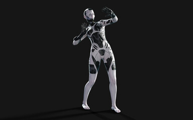 3d Illustration of A woman AI cyborg pose on black background with clipping path. AI project.