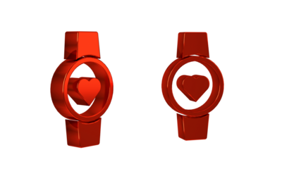 Red Smart watch showing heart beat rate icon isolated on transparent background. Fitness App concept.