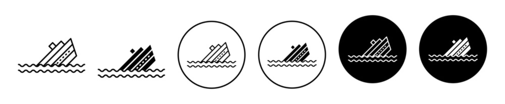Sinking icon. cargo shipment collision disaster in ocean rescue of ship boat logo set. sea flood accident and cruise ship sinking in sea water symbol. catastrophe marine ship boat sinking vector sign