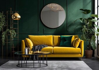 Modern green interior with sofa, plants and decor