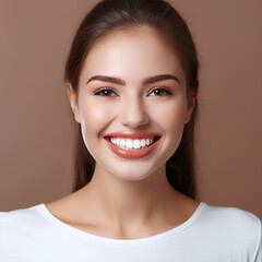 Beautiful wide smile of young fresh woman with great healthy white teeth. Isolated over background 