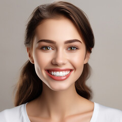 Beautiful wide smile of young fresh woman with great healthy white teeth. Isolated over background 