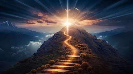 Fotobehang Path to success concept with glowing light path going up the mountain © ANNY