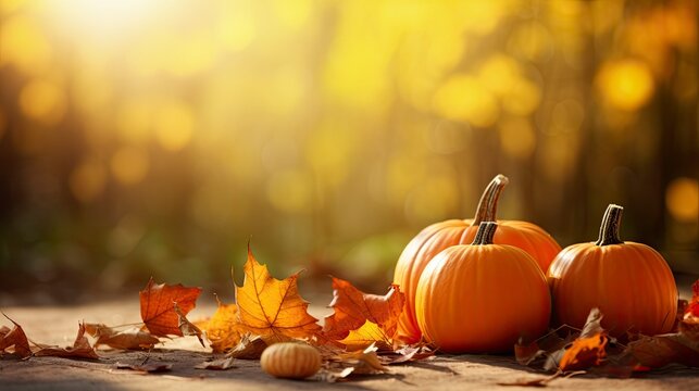 Pumpkin on a sunny fall autumn background  with some leaves