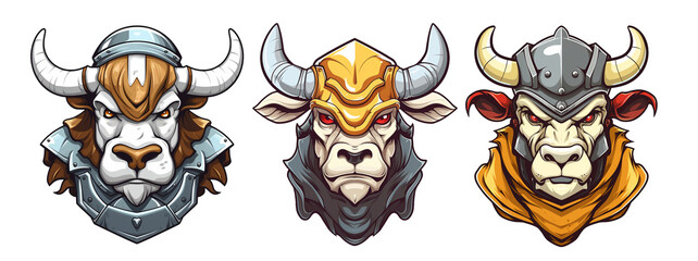 set of fighting cow head mascots