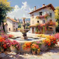 Village square adorned with vibrant flowers and a central fountain.