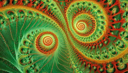 double spiral in green and orange an abstract fractal image with a spiral design in green and orange yellow and red