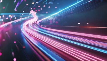 Fototapeta na wymiar 3d render abstract neon arrow turns right speed and technology concept glowing pink blue lines and bokeh lights