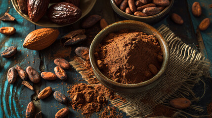 Cocoa powder in a bowl and cocoa beans on wooden background