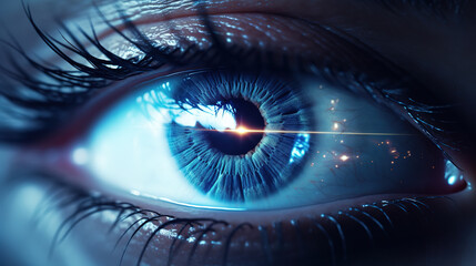 Close up of female eye with digital vision concept. 