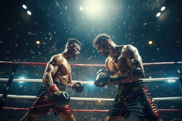 In the Arena of Grit: A Glimpse into the Dimly Lit Boxing Ring as a Determined Boxer Squares Off,...